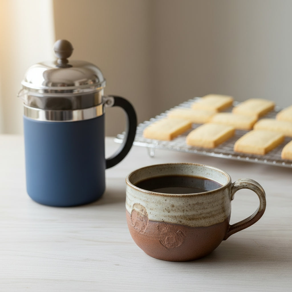 A light wooden kitchen benchtop, with a brown and cream ceramic mug filled with black coffee. To the left is a blue french press, and in the background to the right is a tray of freshly baked shortbread on a cooling rack.
